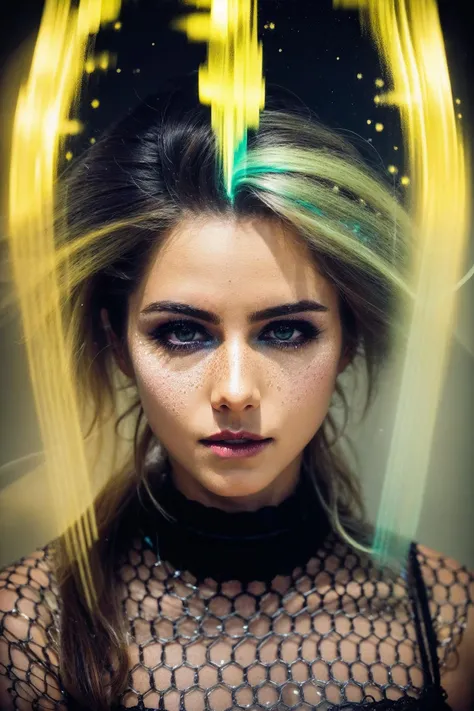 <lora:Emily_Bett_Rickards:0.85> dark cinematic photograph, slow shutter photography portrait, lightstreaks, double exposure, smoke, haze, neon vibe, Holographic poltergeists, chaotically harmonious & whimsically gravitas, sublimely ridiculous and disconcertingly serene, neon colors yellow/crimson, older filmgrain, (intricate details, hyperdetailed:1.15) (skin texture:1.2)