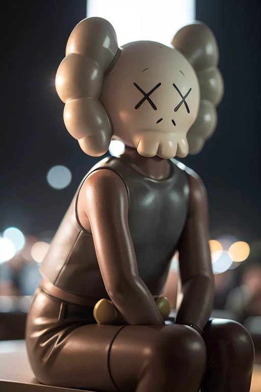 1man, solo, kaws urban toy sit at night club party, detailed, realistic, rim light, bokeh <lora:ARWKaws:1>