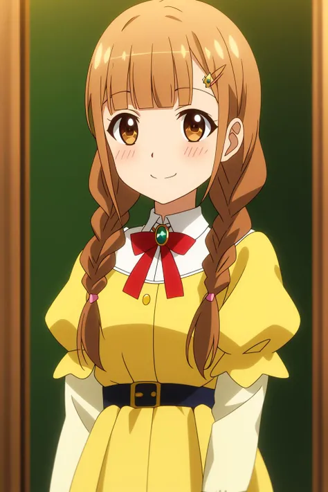 shandy, 1girl, solo, long_hair, looking_at_viewer, blush, smile, bangs, brown_hair, shirt, hair_ornament, long_sleeves, dress, ribbon, twintails, brown_eyes, jewelry, closed_mouth, school_uniform, white_shirt, upper_body, braid, short_sleeves, sidelocks, hairclip, puffy_sleeves, collared_shirt, indoors, blunt_bangs, star_(symbol), blurry, shiny_hair, twin_braids, red_ribbon, puffy_short_sleeves, neck_ribbon, blurry_background, parody, light_brown_hair, brooch, hair_over_shoulder, yellow_shirt, star_hair_ornament
