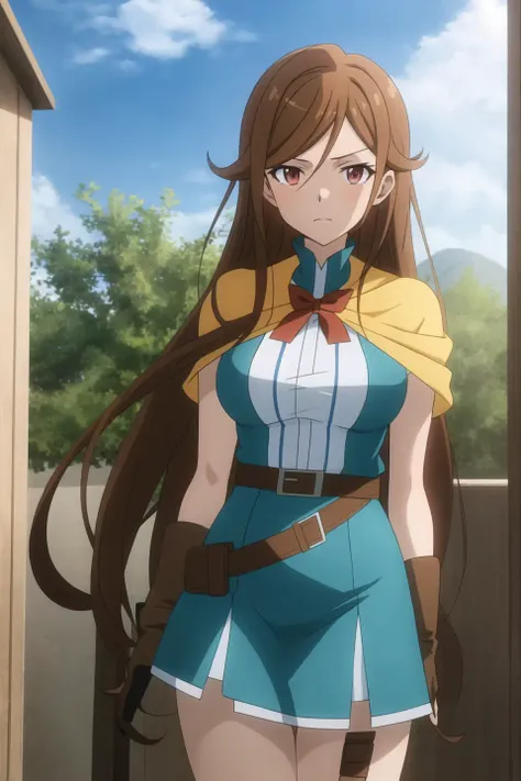 arpeggio, anime art style, 1girl, solo, long_hair, looking_at_viewer, brown_hair, red_eyes, gloves, dress, brown_eyes, belt