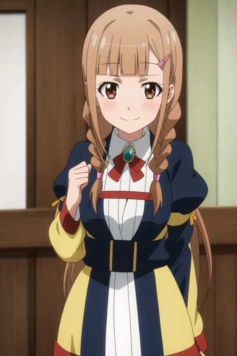 shandy, anime art style, 1girl, solo, long_hair, looking_at_viewer, blush, smile, bangs, brown_hair, hair_ornament, brown_eyes, jewelry, closed_mouth, upper_body, braid, hairclip, puffy_sleeves, blunt_bangs, star_(symbol), twin_braids, brooch, anime_coloring
