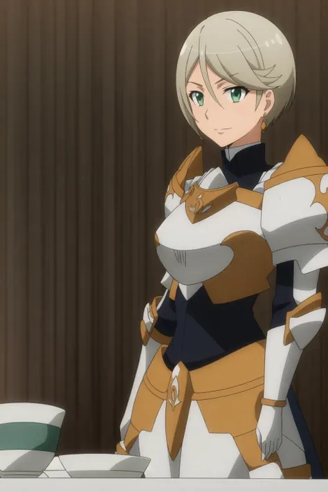 panache, anime art style, 1girl, solo, looking_at_viewer, short_hair, gray_hair, jewelry, green_eyes, upper_body, earrings, sky, day, cloud, armor, blue_sky, shoulder_armor, breastplate, anime_coloring