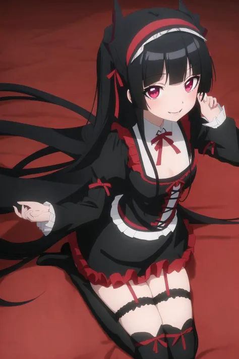 rory, anime art style, 1girl, solo, long_hair, looking_at_viewer, smile, open_mouth, bangs, black_hair, red_eyes, ribbon, hairband, ta_fashion, hime_cut, gothic_loli