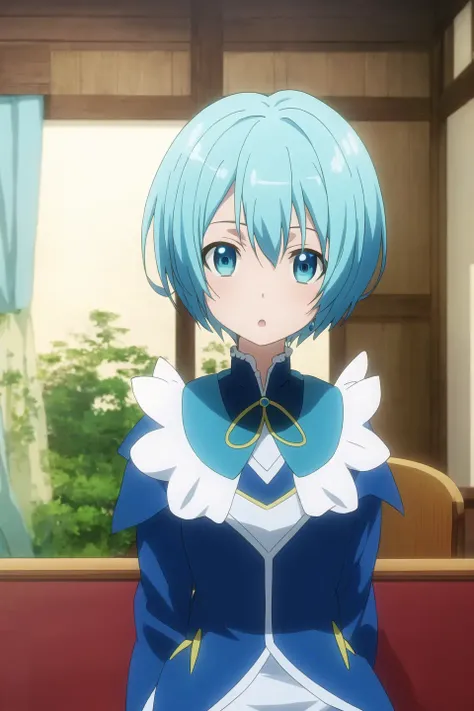 lelei, anime art style, 1girl, solo, short_hair, open_mouth, blue_eyes, jewelry, sitting, blue_hair, earrings, indoors, :o, aqua_eyes, chair, parody, magical_girl