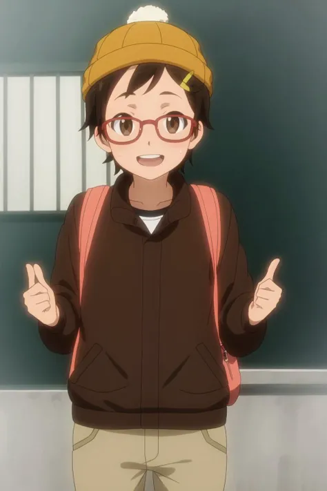 risa, anime art style, 1girl, solo, looking_at_viewer, smile, short_hair, open_mouth, brown_hair, hair_ornament, hat, brown_eyes, glasses, hairclip, sweatdrop, red-framed_eyewear