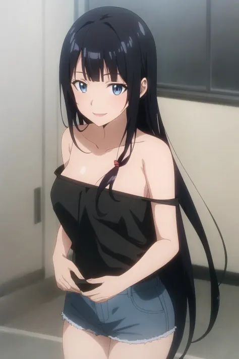 mari, anime art style, 1girl, solo, long_hair, looking_at_viewer, smile, open_mouth, bangs, blue_eyes, black_hair, ribbon, bare_shoulders, collarbone, hair_ribbon, blunt_bangs, strapless, denim, jeans
