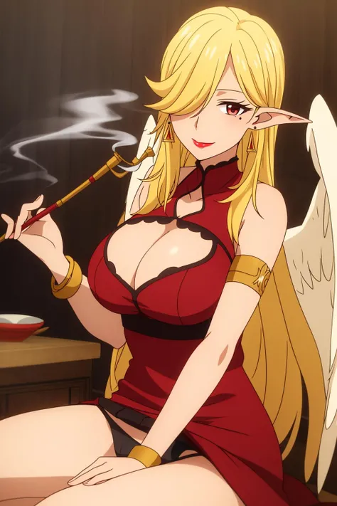 mizari, 1girl, solo, long_hair, breasts, smile, blonde_hair, large_breasts, red_eyes, dress, holding, cleavage, bare_shoulders, brown_eyes, jewelry, sitting, very_long_hair, underwear, collarbone, panties, earrings, wings, sleeveless, pointy_ears, mole, hair_over_one_eye, bracelet, black_panties, clothing_cutout, mole_under_eye, makeup, sleeveless_dress, pantyshot, red_dress, cleavage_cutout, lipstick, armband, feathered_wings, armlet, knee_up, angel_wings, white_wings, angel, red_lips, smoking_pipe, kiseru, holding_smoking_pipe
