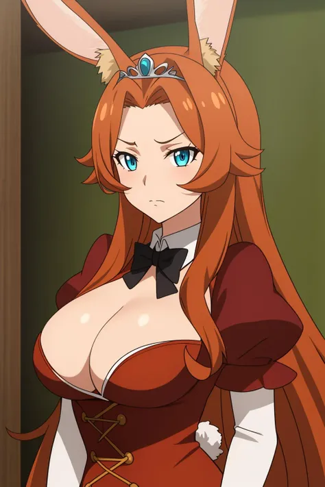 delilah, 1girl, solo, long_hair, breasts, looking_at_viewer, blue_eyes, large_breasts, brown_hair, hat, animal_ears, cleavage, medium_breasts, closed_mouth, upper_body, puffy_sleeves, orange_hair, rabbit_ears, aqua_eyes, cosplay, clothing_cutout, frown, parody, cleavage_cutout, tiara, forehead, headwear_removed, kemonomimi_mode, rabbit_girl, anime_coloring