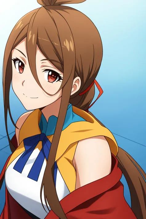 arpeggio, 1girl, solo, long_hair, breasts, looking_at_viewer, brown_hair, red_eyes, ribbon, hair_between_eyes, brown_eyes, medium_breasts, closed_mouth, upper_body, ponytail, ahoge, side_ponytail, smile, clothing_cutout, frown, hair_over_shoulder, low_ponytail, anime_coloring