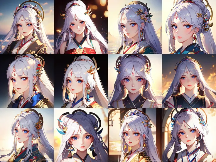 (masterpiece, best quality, ultra-detailed, best shadow), photo realistic,(beautiful detailed face),1girl, buzhihuo, 1girl, white_hair, blue_eyes, hair_ornament, jewelry, forehead jewel, <lora:buzhihuo_5000:1>