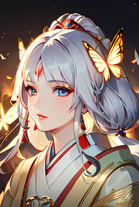 (masterpiece, best quality, ultra-detailed, best shadow), photo realistic,(beautiful detailed face),1girl, buzhihuo, 1girl, white_hair, blue_eyes, hair_ornament, jewelry, forehead jewel, full body, fire, butterfly,<lora:buzhihuo_5000:1>
