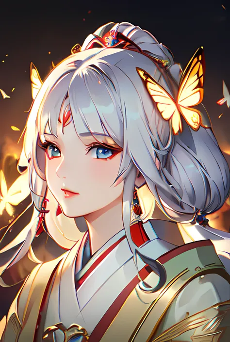 (masterpiece, best quality, ultra-detailed, best shadow), photo realistic,(beautiful detailed face),1girl, buzhihuo, 1girl, white_hair, blue_eyes, hair_ornament, jewelry, forehead jewel, full body, fire, butterfly,<lora:buzhihuo_5000:1>