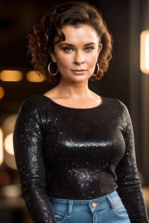 photo of beautiful young (jb4dler80s-140:0.99), a woman, short curly hair upsweep updo, (tight long sleeve top:1.2), (long jeans), in a department store, natural light, (masterpiece:1.2) (photorealistic:1.2) (best quality) (detailed skin:1.2) (intricate details) (8k) (HDR) (cinematic lighting) (sharp focus), (looking at the camera:1.1), ((closeup portrait:1.2)), hoop earrings