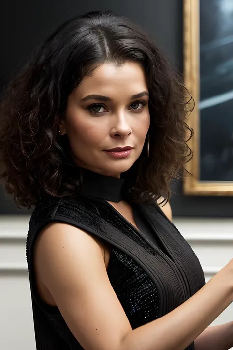 photo of extremely sexy young (jb4dler80s-140:0.99), a woman with short hair, modelshoot style, (extremely detailed CG unity 8k wallpaper), photo of the most beautiful artwork in the world, professional majestic oil painting by Ed Blinkey, Atey Ghailan, Studio Ghibli, by Jeremy Mann, Greg Manchess, Antonio Moro, trending on ArtStation, trending on CGSociety, Intricate, High Detail, Sharp focus, dramatic, photorealistic painting art by midjourney and greg rutkowski, (closeup portrait:1.1), ((short black curly backcombed hair:1.2)), ((white tight jumpsuit1.2)), (long trousers), ((spaceship interior)), ((looking at viewer:1.2)), (detailed pupils:1.3), (red lips), (smile512)