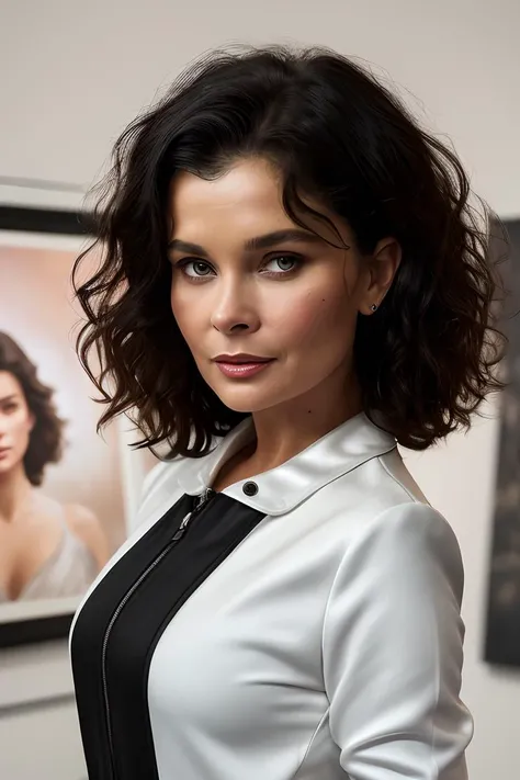 photo of extremely sexy young (jb4dler80s-140:0.99), a woman with short hair, modelshoot style, (extremely detailed CG unity 8k wallpaper), photo of the most beautiful artwork in the world, professional majestic oil painting by Ed Blinkey, Atey Ghailan, Studio Ghibli, by Jeremy Mann, Greg Manchess, Antonio Moro, trending on ArtStation, trending on CGSociety, Intricate, High Detail, Sharp focus, dramatic, photorealistic painting art by midjourney and greg rutkowski, (closeup portrait:1.1), ((short black curly backcombed hair:1.2)), ((white tight jumpsuit1.2)), (long trousers), ((spaceship interior)), ((looking at viewer:1.2)), (detailed pupils:1.3), (red lips), (smile512)