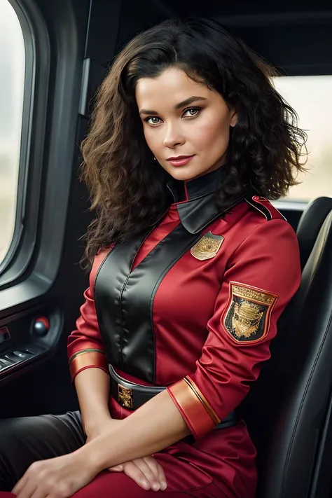 photo of extremely sexy young (jb4dler80s-140:0.99), a woman as a movie star, modelshoot style, (extremely detailed CG unity 8k wallpaper), photo of the most beautiful artwork in the world, professional majestic oil painting by Ed Blinkey, Atey Ghailan, Studio Ghibli, by Jeremy Mann, Greg Manchess, Antonio Moro, trending on ArtStation, trending on CGSociety, Intricate, High Detail, Sharp focus, dramatic, photorealistic painting art by midjourney and greg rutkowski, (closeup), ((short black curly backcombed hair:1.2)), ((red uniform with black print:1.2)), (long trousers), ((spaceship interior)), ((looking at viewer:1.2)), (detailed pupils:1.3), (red lips), (smile512)