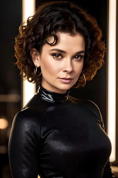 photo of beautiful young (jb4dler80s-140:0.99), a woman, short curly hair upsweep updo, (tight long sleeve top:1.2), (long jeans), in a department store, natural light, (masterpiece:1.2) (photorealistic:1.2) (best quality) (detailed skin:1.2) (intricate details) (8k) (HDR) (cinematic lighting) (sharp focus), (looking at the camera:1.1), ((closeup portrait:1.2)), hoop earrings, (black hair:1.2)