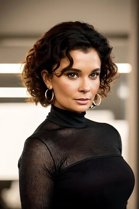 photo of beautiful young (jb4dler80s-140:0.99), a woman, short curly hair upsweep updo, (tight long sleeve top:1.2), (long jeans), in a department store, natural light, (masterpiece:1.2) (photorealistic:1.2) (best quality) (detailed skin:1.2) (intricate details) (8k) (HDR) (cinematic lighting) (sharp focus), (looking at the camera:1.1), ((closeup portrait:1.2)), hoop earrings, (black hair:1.2)