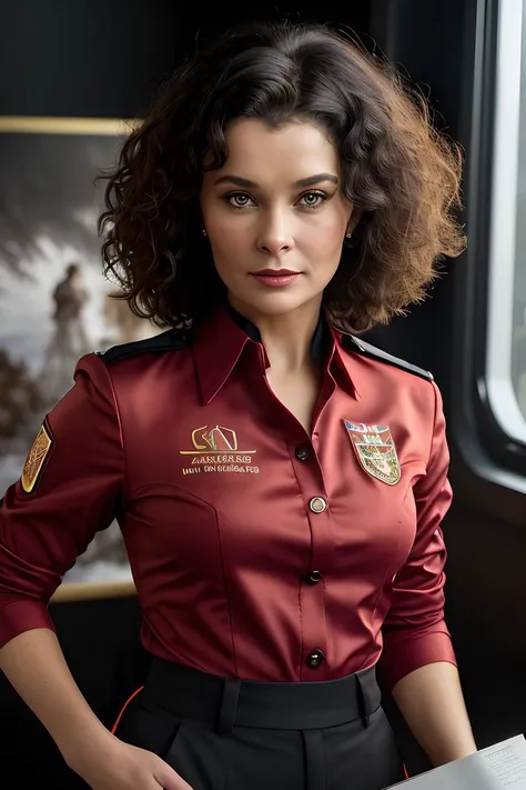 photo of extremely sexy young (jb4dler80s-140:0.99), a woman with short hair, modelshoot style, (extremely detailed CG unity 8k wallpaper), photo of the most beautiful artwork in the world, professional majestic oil painting by Ed Blinkey, Atey Ghailan, Studio Ghibli, by Jeremy Mann, Greg Manchess, Antonio Moro, trending on ArtStation, trending on CGSociety, Intricate, High Detail, Sharp focus, dramatic, photorealistic painting art by midjourney and greg rutkowski, (closeup), ((short black curly backcombed hair:1.2)), ((red uniform with black print:1.2)), (long trousers), ((spaceship interior)), ((looking at viewer:1.2)), (detailed pupils:1.3), (red lips), (smile512)