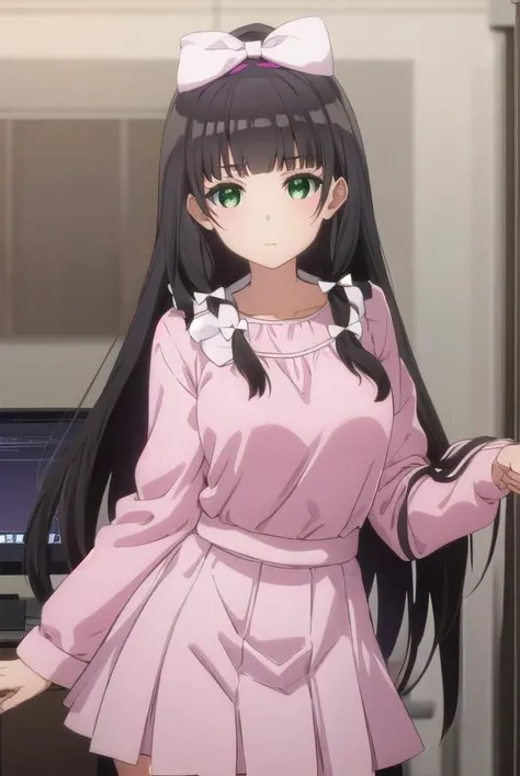 kaikomikuniyama, <lora:kaiko mikuniyama s1-lora-nochekaiser:1>,
kaiko mikuniyama, long hair, bangs, black hair, bow, (green eyes:1.3), hair bow, blunt bangs, white bow, pink bow,
BREAK skirt, long sleeves, school uniform, pleated skirt, socks, dress, (pink dress:1.2),
BREAK indoors,
BREAK looking at viewer, (cowboy shot:1.5),
BREAK <lyco:GoodHands-beta2:1>, (masterpiece:1.2), best quality, high resolution, unity 8k wallpaper, (illustration:0.8), (beautiful detailed eyes:1.6), extremely detailed face, perfect lighting, extremely detailed CG, (perfect hands, perfect anatomy),