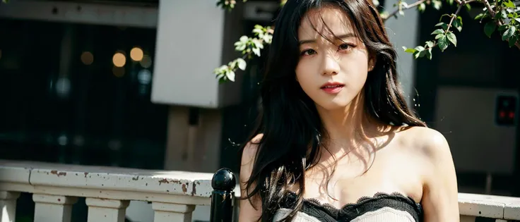 8K wallpapers, 4K wallpapers, bokeh, cityscape, [:(detailed face:1.2):0.2], (8k, RAW photo, best quality, highres:1.2), (realistic, photo-realistic:1.37), bestlighting, 1girl, staring, Jisoo, solo, portrait of a girl, face, dress, smile eyes, jewelry, strapless, strapless dress, breasts, bare shoulders, long hair, long eyelashes, solo, profile, seductive smile, (outdoors ) , portrait, looking at viewer, simple background, gorgeous, cherry lip gloss, <lora:jisooOfBlackpink_v10:1>, Jisoo,