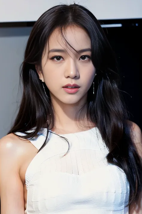(8k, RAW photo, best quality, highres:1.2), (realistic, photo-realistic:1.37), bestlighting, close-up,
1girl, Jisoo, solo, diamond stud earrings, long straight hair, dark hair, serious, parted lips, lip gloss, evening gown,
(indoors) , portrait, looking at viewer,