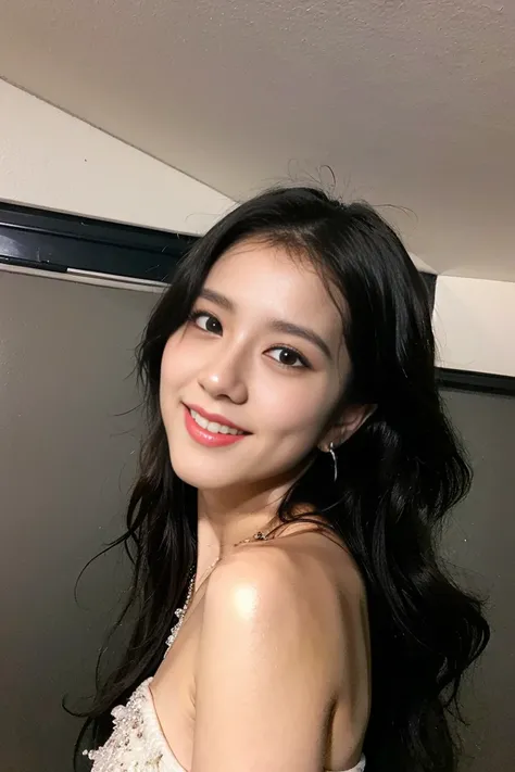 (8k, RAW photo, best quality, highres:1.2), (realistic, photo-realistic:1.37), bestlighting, sunset, beach,
1girl, staring, Jisoo, solo, dress, smile eyes, earrings, strapless, strapless dress, breasts, bare shoulders, long hair, long eyelashes, solo, profile, light smile, upper teeth,(outdoors ) , looking at viewer, simple background, gorgeous, cherry lip gloss, head tilt,