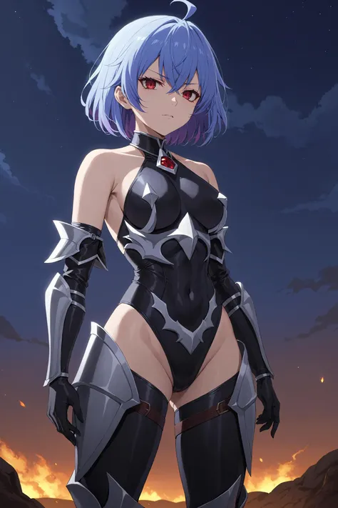 masterpiece, best quality, standing, evil villain, rutiragnason, blue hair, red eyes, short hair, black armor, evil armor, bare shoulders, black bodysuit, night sky in the background <lora:ruti-animaginexl-1-000008:0.5> <lora:evil_villain:0.8>