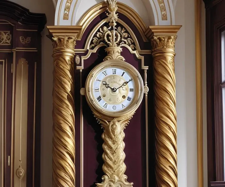 gold varnished, twistcolu pendulum wall clock, louis xvii, analog film , photography, <lora:twistcolu-12:1>