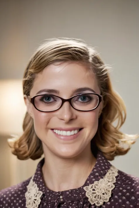 RAW photo, melissa rauch as bernadette rostenkowski wearing glasses, 8k uhd, dslr, soft lighting, high quality, film grain, Fujifilm XT3 <lora:meldette:1>