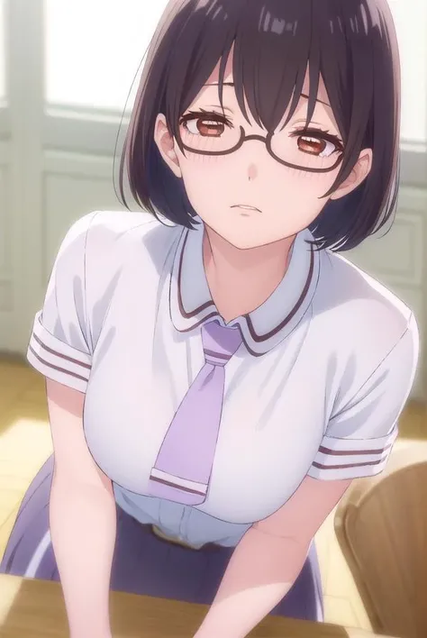 kasuminomura, <lora:kasumi nomura s1-lora-nochekaiser:1>,
kasumi nomura, short hair, black hair, glasses, semi-rimless eyewear, (brown eyes:1.5),
BREAK dress, school uniform, necktie, belt,
BREAK indoors, classroom,
BREAK looking at viewer, (cowboy shot:1.5),
BREAK <lyco:GoodHands-beta2:1>, (masterpiece:1.2), best quality, high resolution, unity 8k wallpaper, (illustration:0.8), (beautiful detailed eyes:1.6), extremely detailed face, perfect lighting, extremely detailed CG, (perfect hands, perfect anatomy),