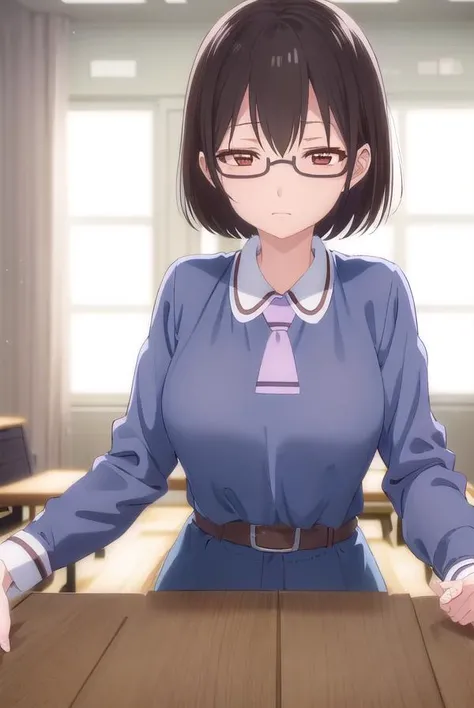 kasuminomura, <lora:kasumi nomura s1-lora-nochekaiser:1>,
kasumi nomura, short hair, black hair, glasses, semi-rimless eyewear, (brown eyes:1.5),
BREAK dress, school uniform, necktie, belt,
BREAK indoors, classroom,
BREAK looking at viewer, (cowboy shot:1.5),
BREAK <lyco:GoodHands-beta2:1>, (masterpiece:1.2), best quality, high resolution, unity 8k wallpaper, (illustration:0.8), (beautiful detailed eyes:1.6), extremely detailed face, perfect lighting, extremely detailed CG, (perfect hands, perfect anatomy),