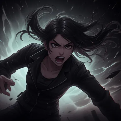 <lora:pro-angry:0.4> 1girl,solo, open mouth, 1girl, black hair, looking at viewer, jacket, long hair,  floating hair, blurry, blue eyes, clenched hand, punching, motion blur, messy hair ,  <lora:UltraBlackholeTech-20:0.8> ulblackholetech, excessive energy, scifi,