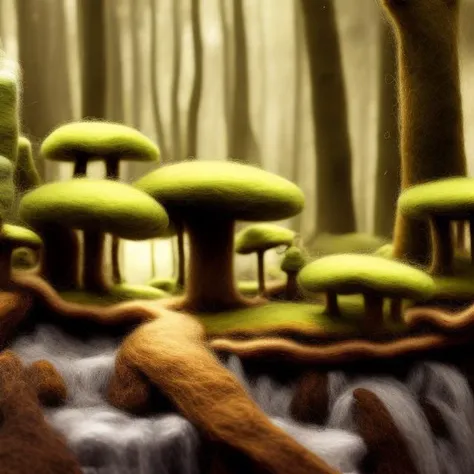 miniwool ,(extremely detailed CG unity 8k wallpaper), A Landscape of a miniature towering forest, tall trees with rough gnarled trunks and mossy bark, dense, lush foliage covering their branches, a crown of verdant leaves creating a leafy canopy, deep roots anchored firmly in the earth ,oil paiting, award winning photography, trending on artstation, trending on CGsociety, Intricate, High Detail, dramatic, art by midjourney