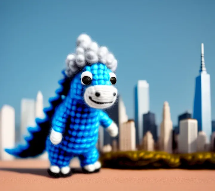 miniwool style of a Godzilla in a city, made of wool, product photo, centered, cute, mini
