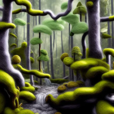 miniwool ,(extremely detailed CG unity 8k wallpaper), A Landscape of a miniature towering forest, tall trees with rough gnarled trunks and mossy bark, dense, lush foliage covering their branches, a crown of verdant leaves creating a leafy canopy, deep roots anchored firmly in the earth ,oil paiting, award winning photography, trending on artstation, trending on CGsociety, Intricate, High Detail, dramatic, art by midjourney