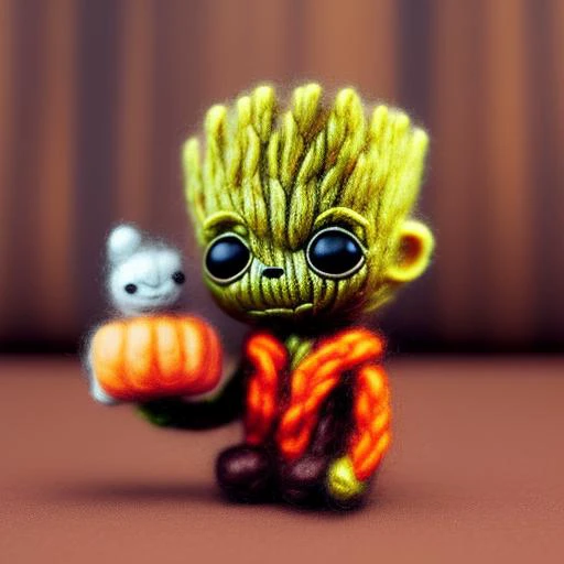 miniwool style of a Baby Groot holding a pumpkin