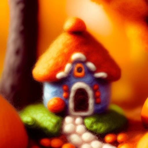 miniwool style of a cute fairy house in an orange autumnal enchanted forest, by greg rutkowski, trending on artstation, oil painting, by thomas kinkade, octane render