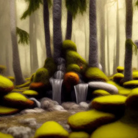 miniwool ,(extremely detailed CG unity 8k wallpaper), A Landscape of a miniature towering forest, tall trees with rough gnarled trunks and mossy bark, dense, lush foliage covering their branches, a crown of verdant leaves creating a leafy canopy, deep roots anchored firmly in the earth ,oil paiting, award winning photography, trending on artstation, trending on CGsociety, Intricate, High Detail, dramatic, art by midjourney