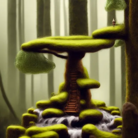 miniwool ,(extremely detailed CG unity 8k wallpaper), A Landscape of a miniature towering forest, tall trees with rough gnarled trunks and mossy bark, dense, lush foliage covering their branches, a crown of verdant leaves creating a leafy canopy, deep roots anchored firmly in the earth ,oil paiting, award winning photography, trending on artstation, trending on CGsociety, Intricate, High Detail, dramatic, art by midjourney