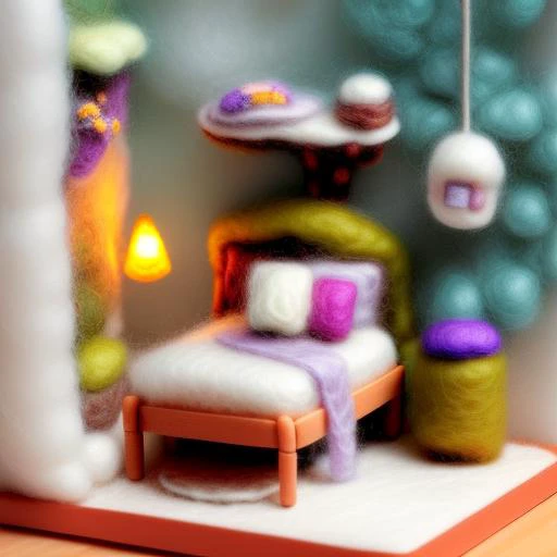 miniwool style of a beautiful and tender (((miniature))) ((bedroom)) with a forest theme, full of flowers and plants, miniature, product photo, perfect lighting, ((diorama))