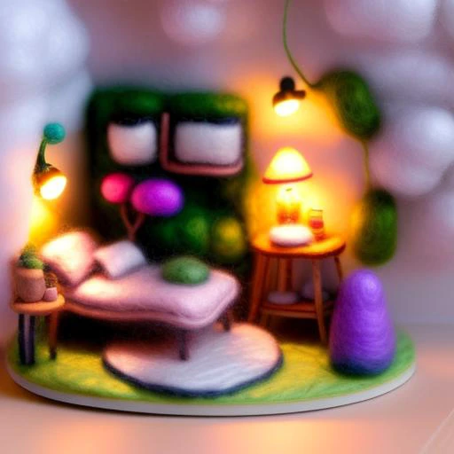 miniwool style of a beautiful and tender (((miniature))) ((bedroom)) with a forest theme, full of flowers and plants, miniature, product photo, perfect lighting, ((diorama))