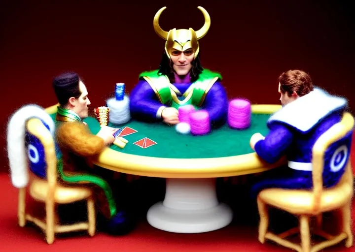 miniwool, Loki of avengers playing poker, intricate detail, centered