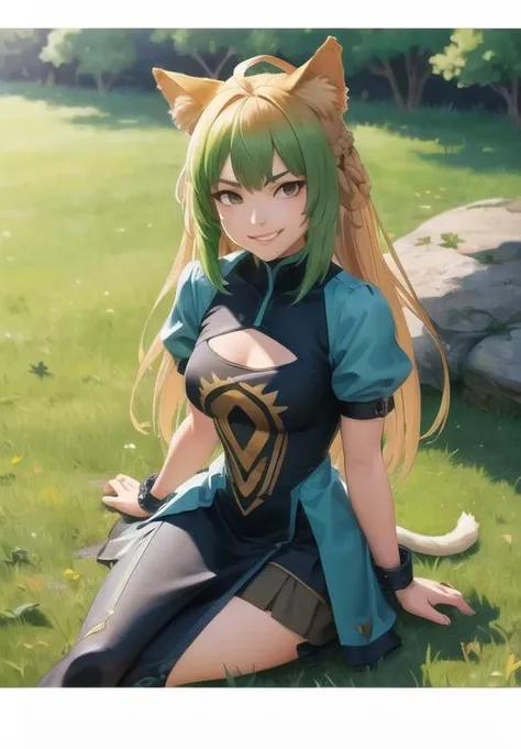 <lora:atalanta_normal:0.8>, atalanta_normal, smirk, sitting, stone, grass,, (masterpiece, best quality, detailed:1.3)