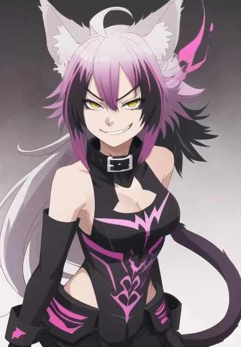 single female half dragon with grey skin, with black hair long twin tails style, with pink streaks, sharp teeth, black biker outfit, dragon tail and dragon horns