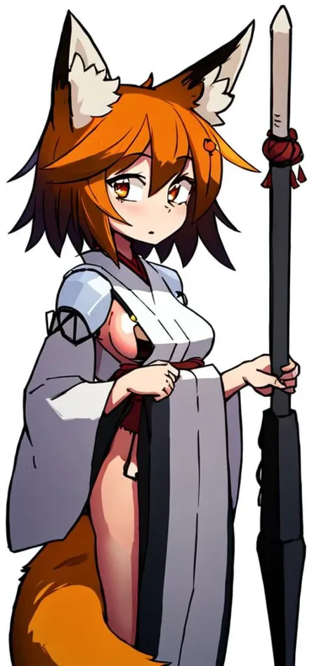 artery gear, artery gear: fusion, artist request, highres, official art, 1girl, animal ear fluff, animal ears, armored legwear, bell, breasts, fox ears, robot fox tail, ginga (artery gear), grey hair, holding, holding polearm, holding weapon, (japanese clothes:1.3), medium breasts, orange eyes, polearm, revealing clothes, robot, short hair with long locks, sideboob, sidelocks, solo, transparent background, weapon, (front view) <lora:nradiowave_v2:0.8> <lora:senkoLora_v2:0.8>