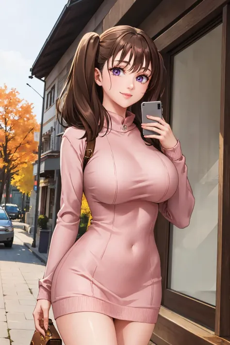 masterpiece, best quality,  <lora:sdsdiane-nvwls-v1-000010:0.9> sdsDiane, pink sweater dress, standing, cowboy shot, looking at viewer, smile, village, autumn, large breasts, hand to heart, happy