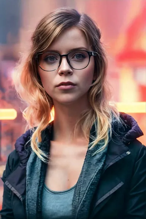 A full color portrait of a beautiful woman wearina a Cyberpunk attire, Blade Runner 2049 movie set,glasses,epic character composition,by ilya kuvshinov, alessio albi, nina masic,sharp focus, subsurface scattering, f2, 35mm, film grain ,blonde <lora:milenaj:1>