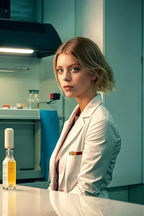 A full color portrait of a beautiful woman wearing a lab coat in a laboratory,,epic character composition,by ilya kuvshinov, alessio albi, nina masic,sharp focus, subsurface scattering, f2, 35mm, film grain ,blonde <lora:milenaj:1>