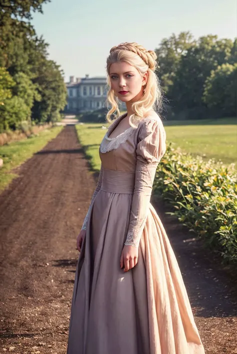 A full color portrait of a beautiful woman wearina a Regency era dress, Emma (2020) movie set,lipstick,epic character composition,by ilya kuvshinov, alessio albi, nina masic,sharp focus, subsurface scattering, f2, 35mm, film grain ,blonde <lora:milenaj:1>